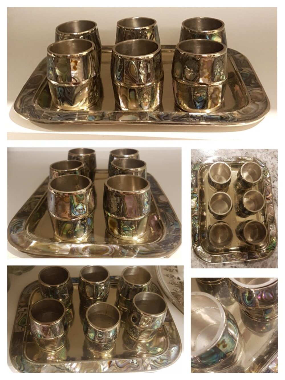 [ALPACA] Vintage Mid-Century Mexican Silver-Plate Abalone Shot Glass Set w/ Tray